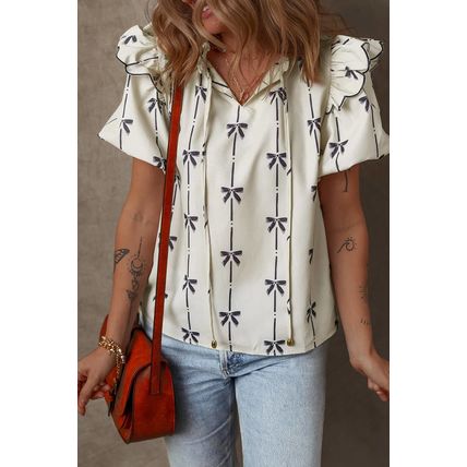 Beige Bow Printed Ruffled Bubble Sleeve Tied Notched V Neck Blouse