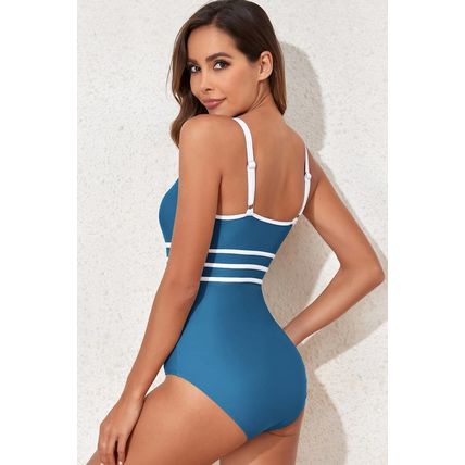 Dark Blue Contrast Trim Colorblock U Neck One Piece Swimwear