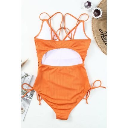 Orange Adjustable Straps Ribbed Knit One Piece Swimsuit