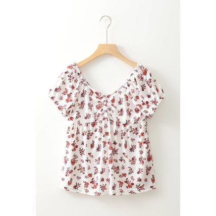 White Boho Floral Ruched Cinched Short Sleeve Blouse