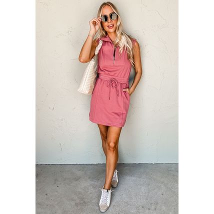 Mineral Red French Terry Zipped Collar Sleeveless Drawstring Waist Mini Dress