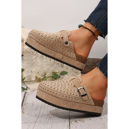 Parchment Rivet Buckle Closed Toe Platform Slippers