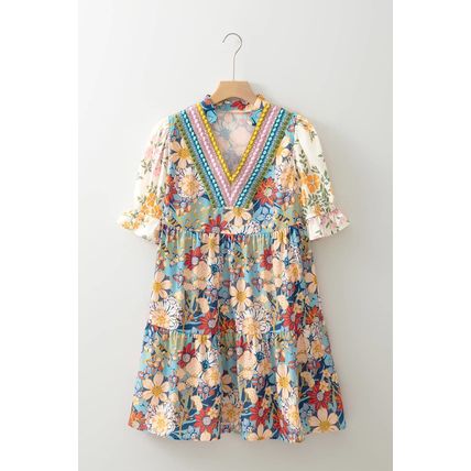 Multicolour Boho Floral Print Crochet Patchwork V Neck Loose Mini Dress