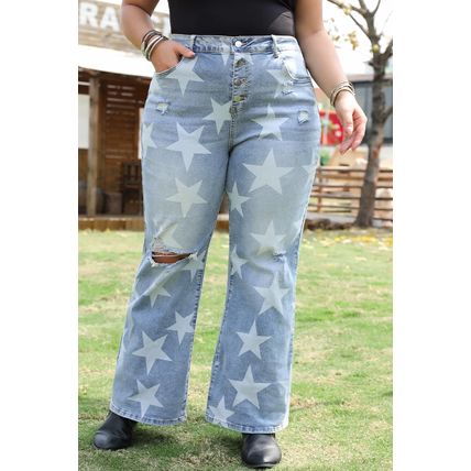Sky Blue Star Printed Multi Buttons Slit Knee Destroyed Plus Size Jeans