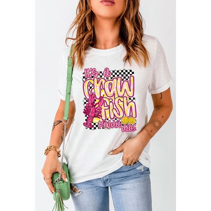 White Crawfish Checkered Pattern Graphic Tee