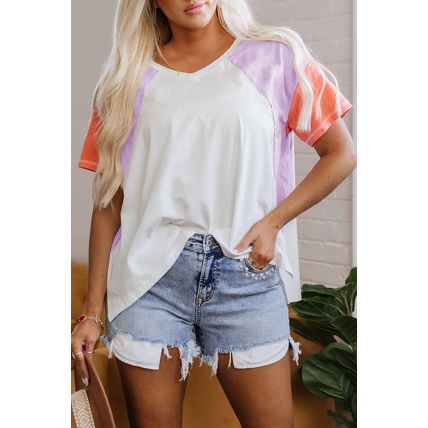Beige Colorblock Patchwork V Neck Exposed Seam High Low T Shirt