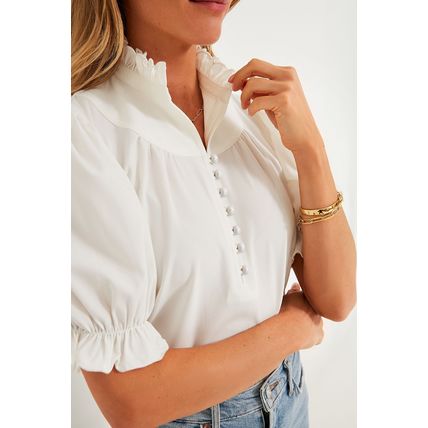 White Frilled Edge Half Button Stand Neck Bubble Sleeve Blouse