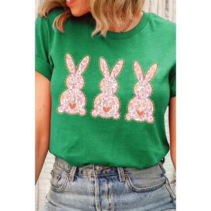 Bright Green Easter Floral Rabbit Print Crew Neck T Shirt