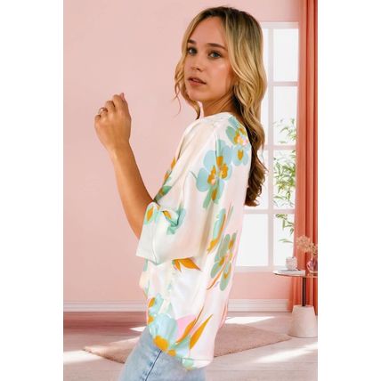 Green Floral Print Loose Fit V Neck Half Sleeve Blouse