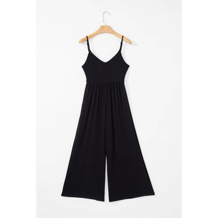 Black Spaghetti Straps Open Back Pleated Wide Leg Jumpsuit