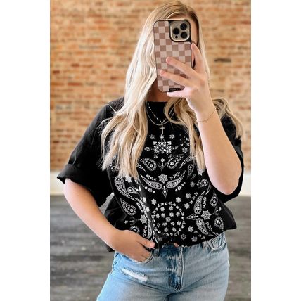 Black Paisley Print Crew Neck Loose Fit Tunic Tee