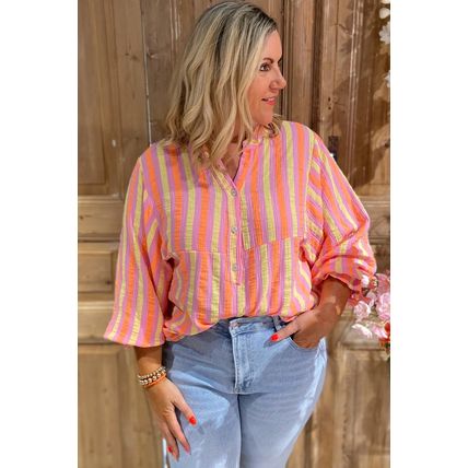 Pink Stripe Crinkled Half Buttons V Neck Plus Size Blouse