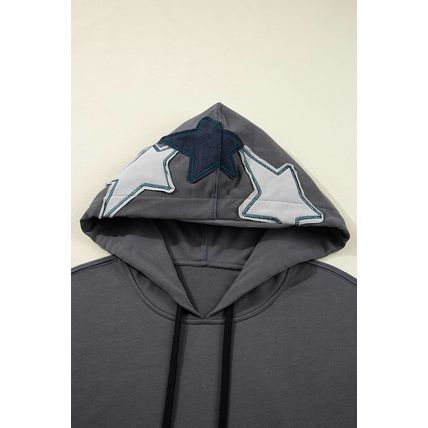 Carbon Grey Star Patchwork Contrast Stitching Mineral Wash Kangaroo Pocket Vinta