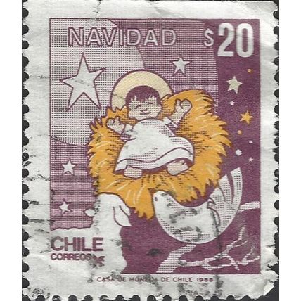 CHILE, CHRISTMAS, Baby and crib in the stars, violet 1988, 20peso