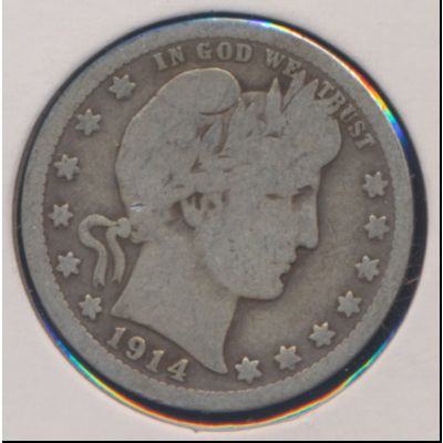 1914-P Barber 90% Silver Quarter, Circulated & Ungraded, Good Detail