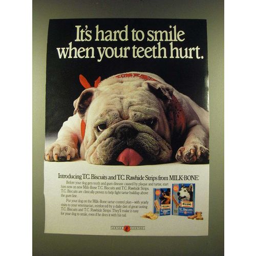 1990 Milk-Bone T.C. Biscuits and T.C. Rawhide Strips Ad - ItÕs hard to smile