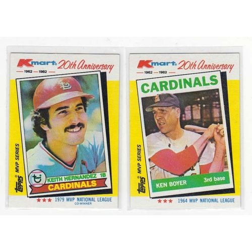 Two 1982 K-Mart Cardinal cards #6 Ken Boyer, #36 Keith Hernandez