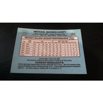1986 Donruss Card # 476 Mike Scott Excellent-Mint (6) Houston Astros