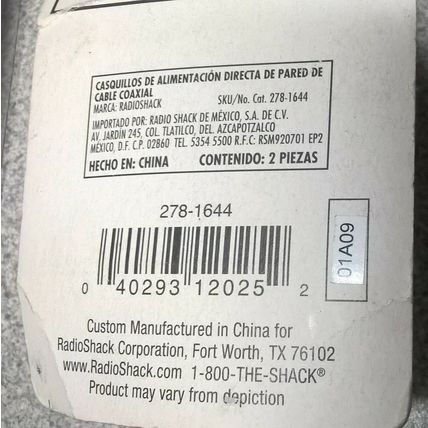 pkg of 2 RadioShack Coax Cable Feed-Through Bushings Model 278-1644
