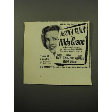 1950 Hilda Crane Play Ad - Arthur Schwartz presents Jessica Tandy in Hilda Crane