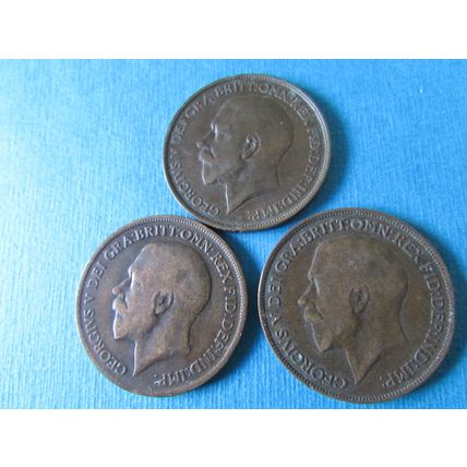 THREE GEORGE V PENNIES 1912,1918,1919 H MINT MARKS HEATON MINT BIRMINGHAM F/POST