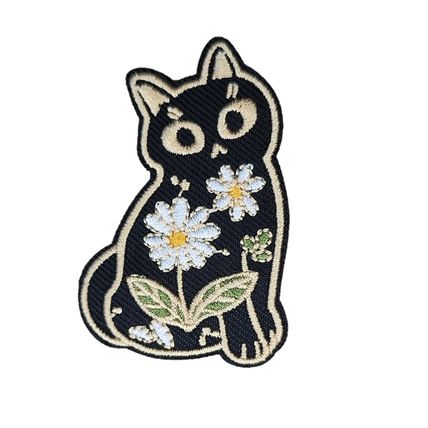 Cat With Flowers Iron on Patch Embroidered Small 6cm x 4cm Sew Badge Motif P602