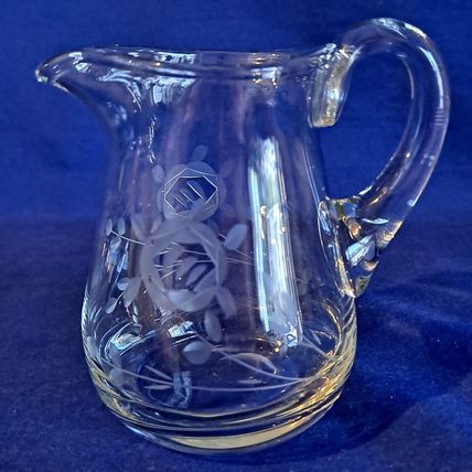 Vintage ETCHED GLASS CREAMER 4" ROSE Flower Floral Crystal