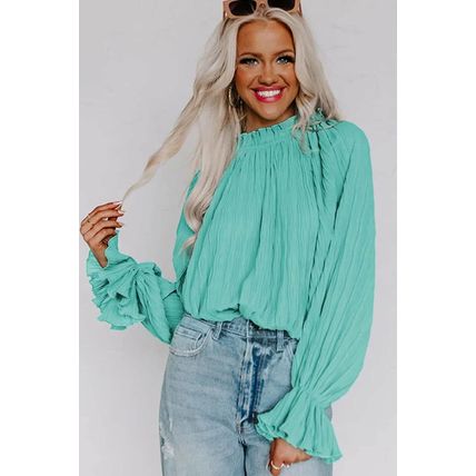 Green Striking Pleated Flared Cuff Long Sleeve Blouse