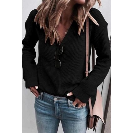 Black Ribbed Knit V Neck Sweater