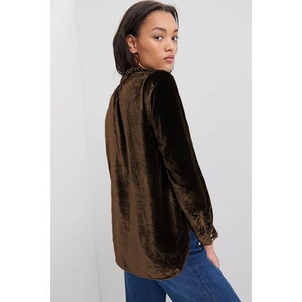 Desert Palm Frilled Neck Buttoned Front Velvet Top