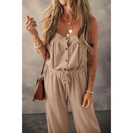 Pale Khaki Knotted Straps Button Textured Drawstring Jumpsuit