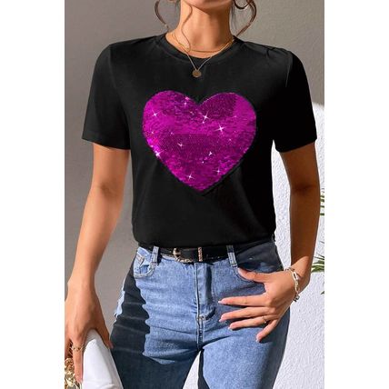 Black Valentine Two Tone Sequined Heart Shaped Graphic T Shirt