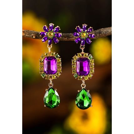 Purple Mardi Gras Diamond Flower Geometric Dangle Earrings