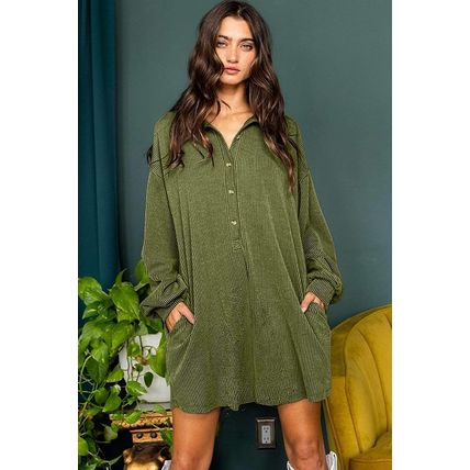 Moss Green Corded Buttons Placket Drop Shoulder Collared Shift Dress