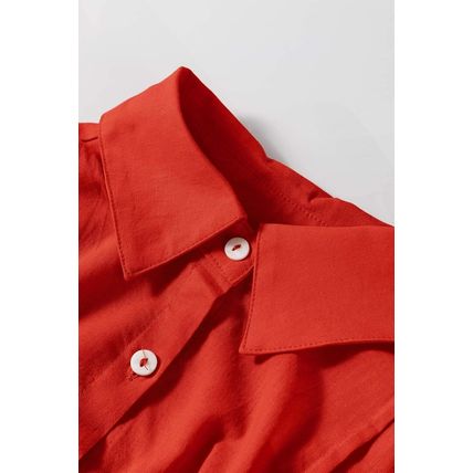 Tomato Red Bishop Sleeve Button Up Pleated Mini Shirt Dress