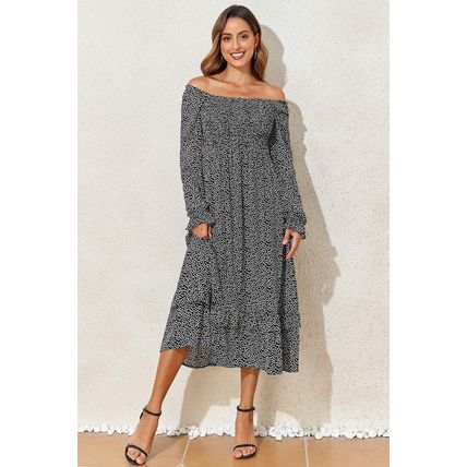 Black Floral Printed Long Sleeve Square Neck Midi Dress