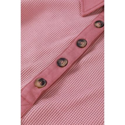 Pink Waffle Long Sleeve Collar Half Button Loose Top