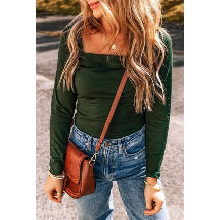 Blackish Green Solid Color Square Neck Long Sleeve Slim Fit Bodysuit