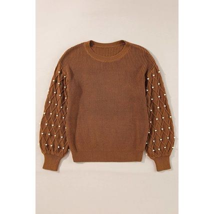 Chestnut Beaded Drop Shoulder Round Neck Sweater