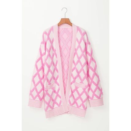 Pink Rhombus Pattern Knit Open Front Pocketed Cardigans