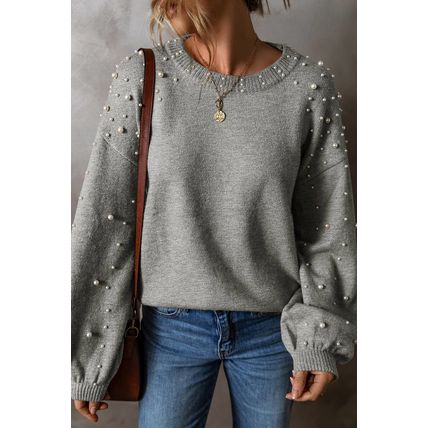 Light Grey Pearled Drop Shoulder Round Neck Sweater