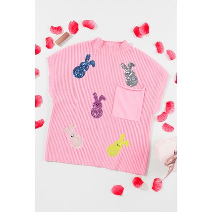 Pink Sequin Bunny Doll Graphic Ribbed High Neck Short Sleeve Sweater