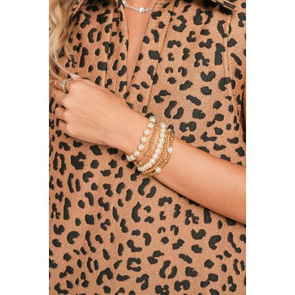 Gold Cross Pearls Decor Plated Beaded Multi Layer Bracelets