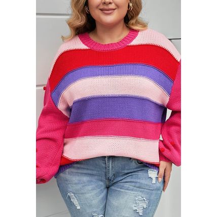 Pink Plus Size Striped Knit Pompom Puff Sleeve Sweater