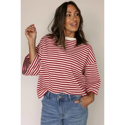Red Stripe Bowknot Cutout Back Drop Shoulder Wide Bracelet Sleeve Loose Tee