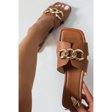 Chestnut Metal Chain Decor Square Toe Faux Leather Slippers