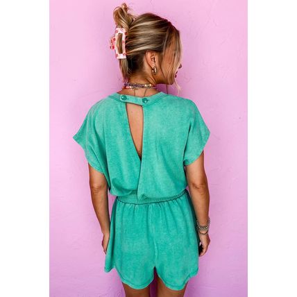 Sea Green Mineral Wash Drawstring Waist Hollow Out Back Short Sleeve Romper