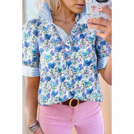 Sky Blue Floral Print Striped Patchwork Collared Short Sleeve Blouse