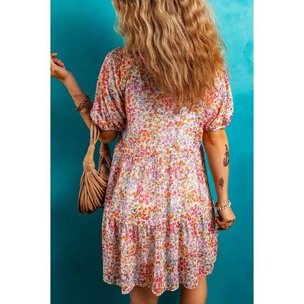 Red Floral Puff Sleeve Notched V Neck Tiered Mini Dress