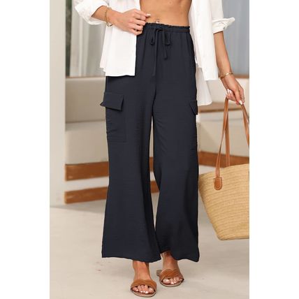 Black Drawstring Frilled Waist Wide Leg Utility Trousers